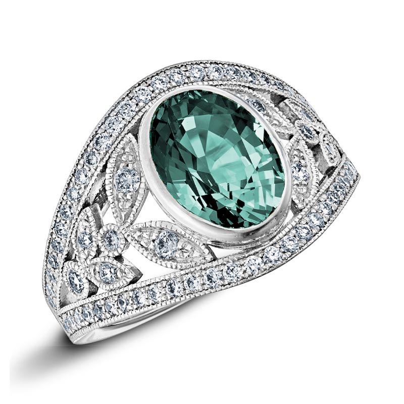 Bague femme or diamant saphir bleu-vert