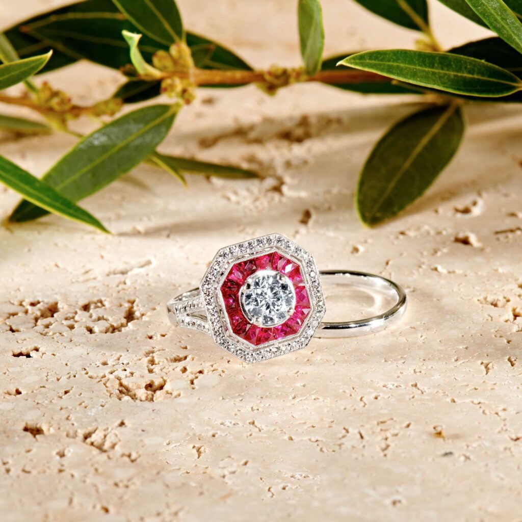 Bague or blanc diamant rubis